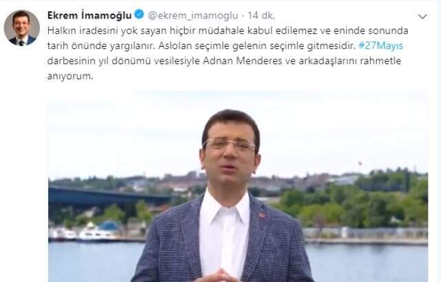Ekrem İmamoğlu'ndan Dikkat Çeken 27 Mayıs Paylaşımı