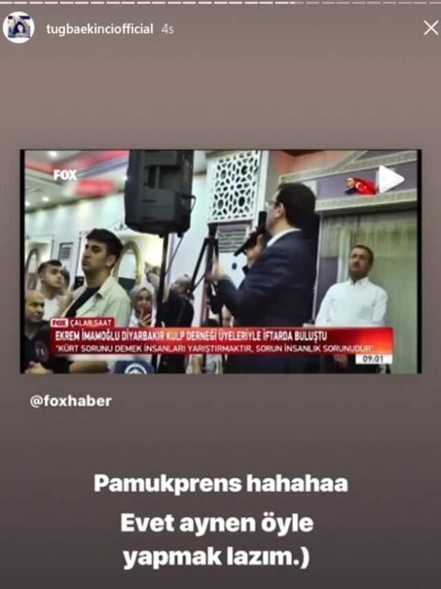 Şarkıcı Tuğba Ekinci'den dikkat çeken Ekrem İmamoğlu paylaşımı: Pamuk prens