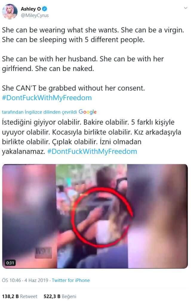 Ünlü şarkıcı Miley Cyrus'tan kendisini elleyip öpmeye çalışan adama öfkeli yanıt