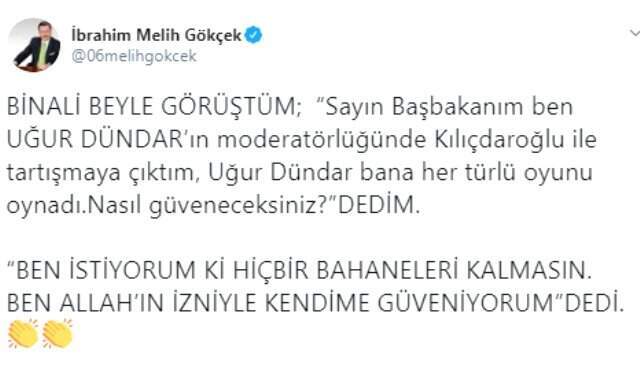 Melih Gökçek, Binali Yıldırım'la arasında geçen Uğur Dündar diyaloğunu paylaştı
