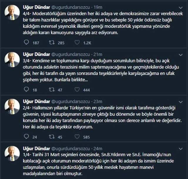 Uğur Dündar, İmamoğlu ve Yıldırım'ın ortak yayınıyla ilgili konuştu: Moderatörlük yapmama kararı aldı