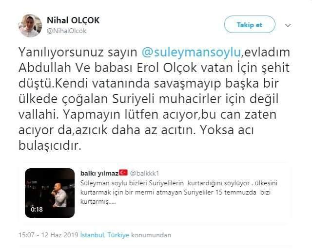Nihal Olçok'tan 'Bizi 15 Temmuz'da Suriyeliler kurtardı' diyen Soylu'ya tepki