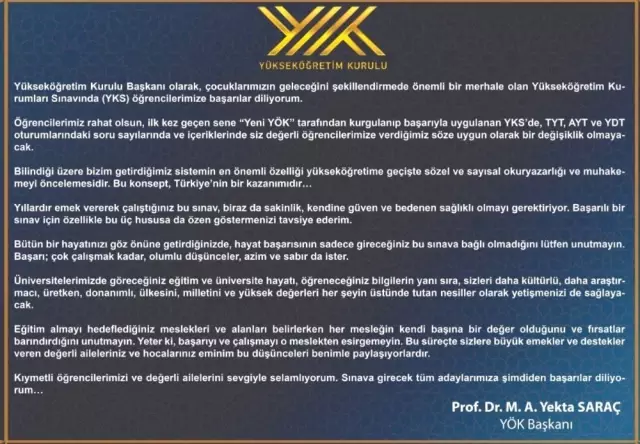 YÖK Başkanı Saraç'tan başarı mesajı