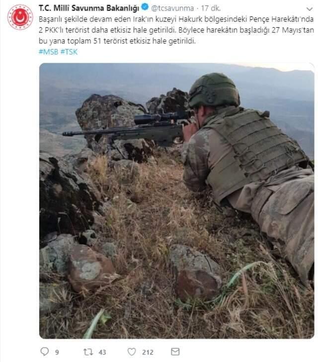 Pençe Harekatı'nda 51 terörist etkisiz hale getirildi