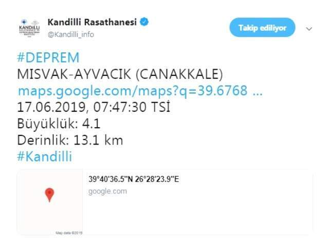 Çanakkale'de 4,1 büyüklüğünde deprem!