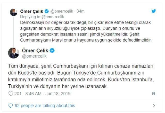 AK Parti Sözcüsü Ömer Çelik: Mursi tüm dünyanın gözü önünde adım adım öldürüldü