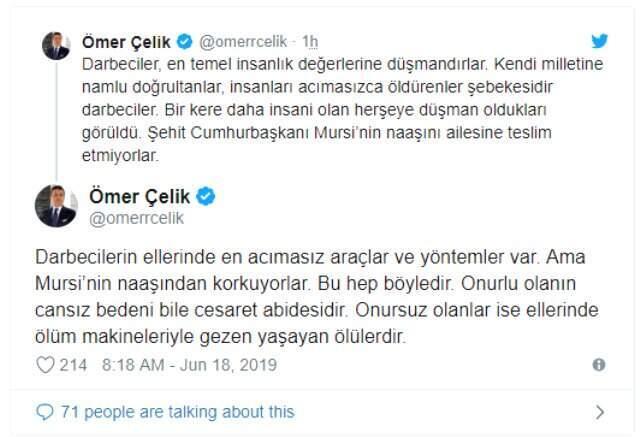 AK Parti Sözcüsü Ömer Çelik: Mursi tüm dünyanın gözü önünde adım adım öldürüldü
