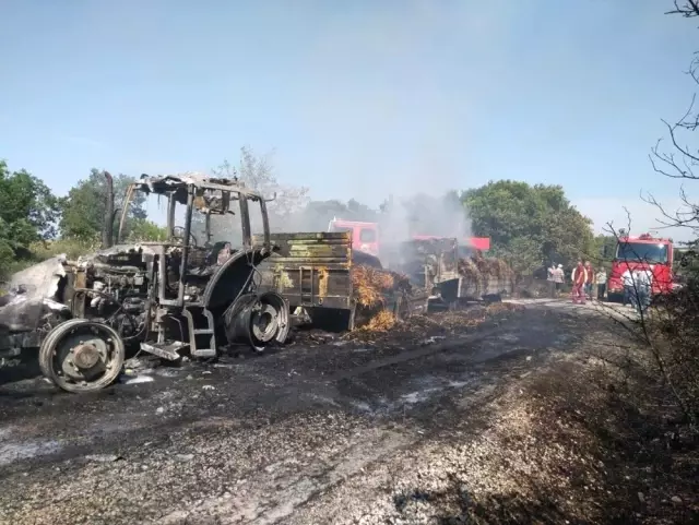 Biga'da saman yüklü traktör yandı