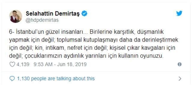 Demirtaş'tan 23 Haziran tweet'i: İmamoğlu'nun söyleminin desteklenmesi gerektiğine inanıyoruz