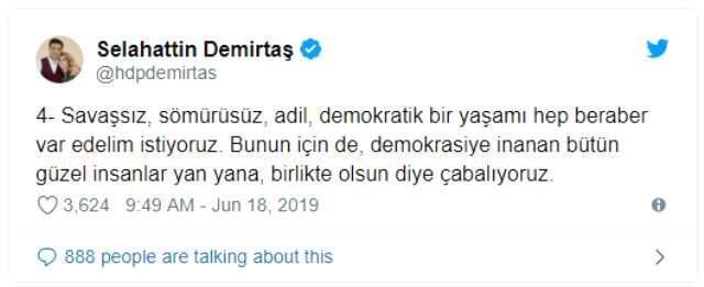 Demirtaş'tan 23 Haziran tweet'i: İmamoğlu'nun söyleminin desteklenmesi gerektiğine inanıyoruz