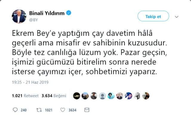 Yıldırım'dan İmamoğlu'nun 'Çay daveti için bekliyorum' çağrısına yanıt: Pazar geçsin çayımızı içeriz