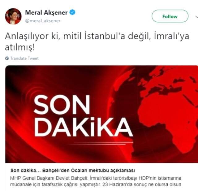 Akşener'den Bahçeli'ye 'Öcalan' tepkisi: Anlaşılan mitil İmralı'ya atılmış
