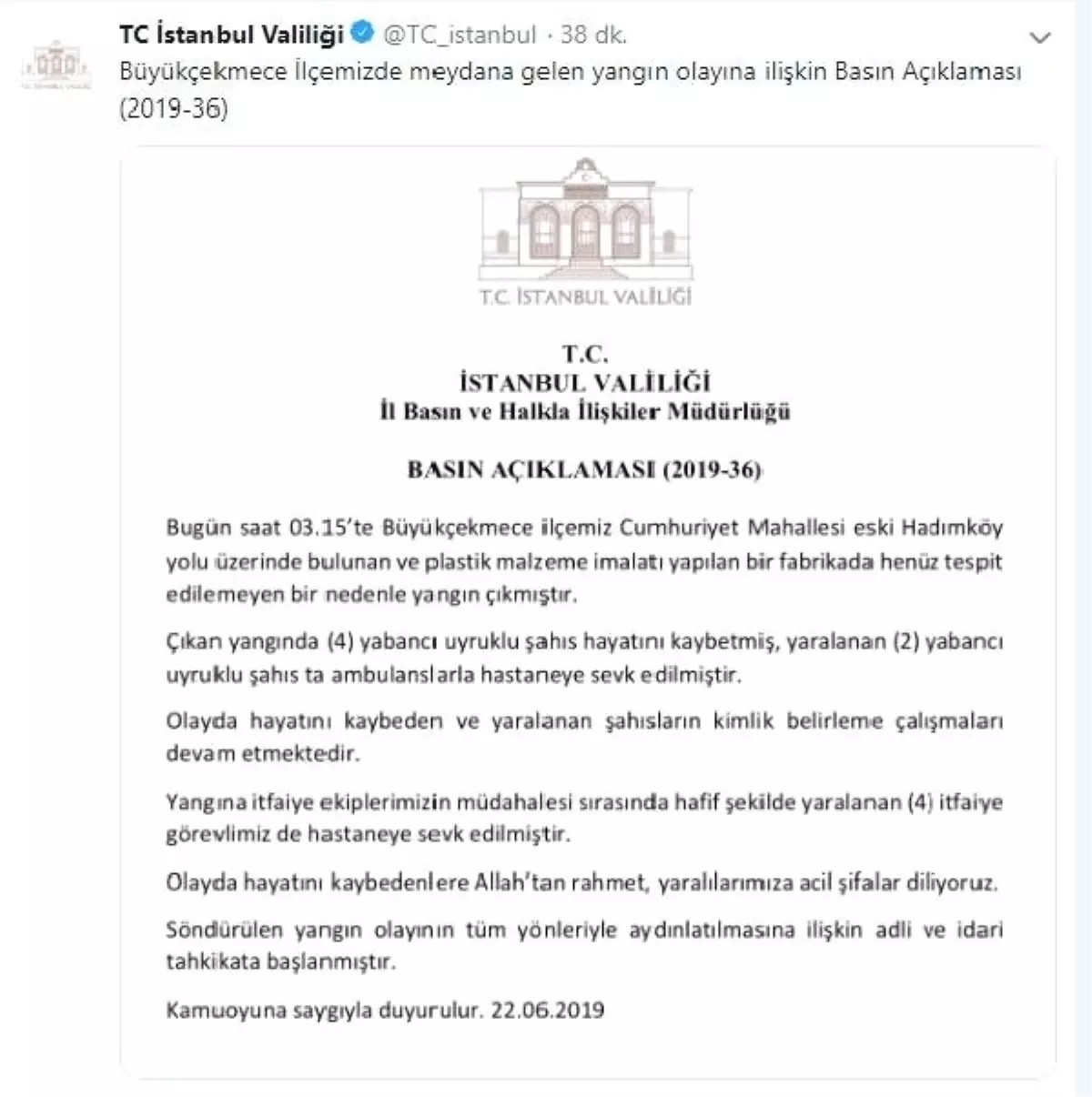 İstanbul Valiliği: Büyükçekmece'deki fabrika yangınında 4 kişi hayatını kaybetti