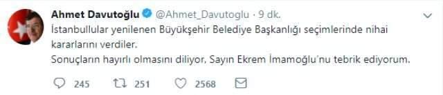 Davutoğlu'ndan İmamoğlu'na tebrik mesajı