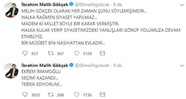 Melih Gökçek'ten İstanbul seçimini kazanan Ekrem İmamoğlu'na tebrik mesajı