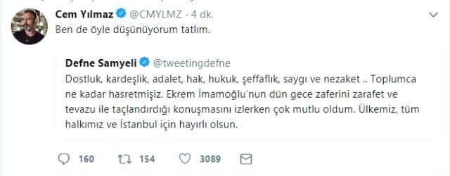 Cem Yılmaz, İstanbul seçimleriyle ilgili paylaşım yapan Defne Samyeli'ne destek verdi