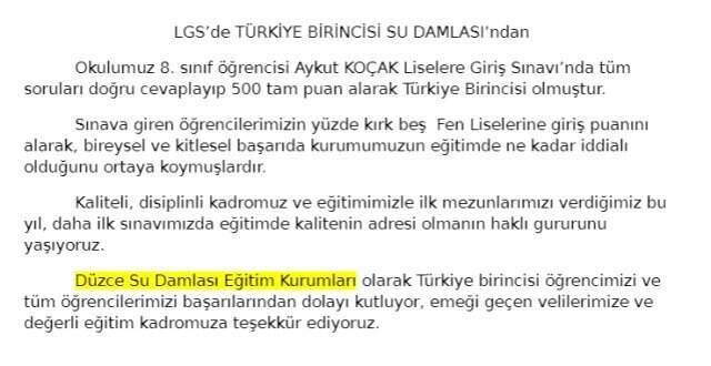 LGS'de Türkiye birincisi Düzce'den çıktı!