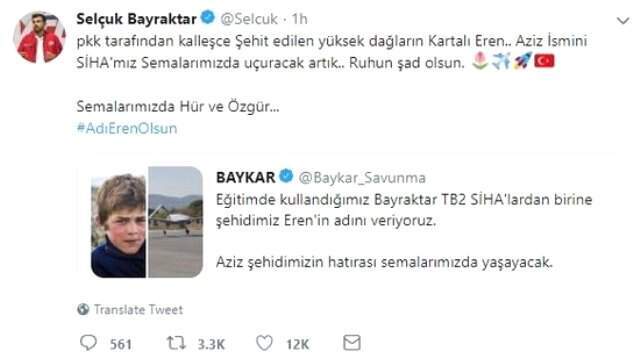 Selçuk Bayraktar açıkladı: Eren Bülbül'ün adı göklerde yaşatılacak