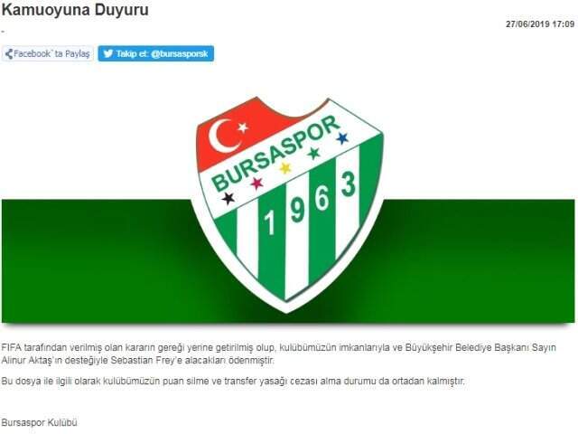 Bursaspor, Frey'in alacaklarını ödedi! Puan silme ve transfer yasağı cezasından kurtuldu