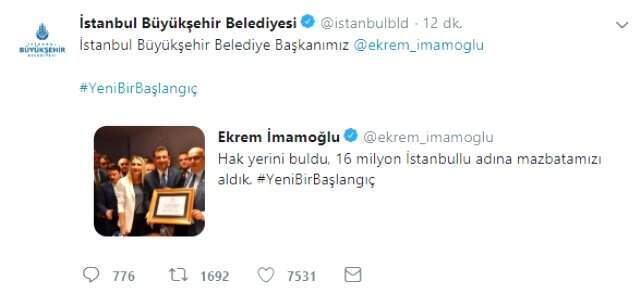 Ekrem İmamoğlu mazbatasını aldı, sosyal medya paylaşımlarla sallandı