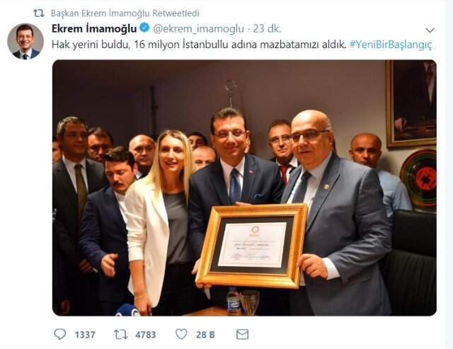 İBB Başkanı İmamoğlu'ndan ilk paylaşım : Mazbatamızı 16 milyon adına aldık