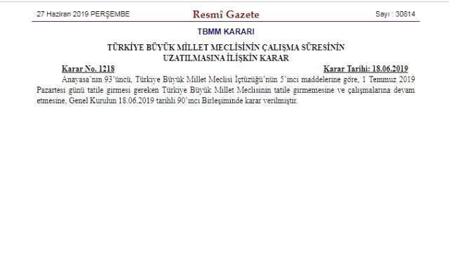 TBMM'nin çalışma süresinin uzatılması Resmi Gazete'de