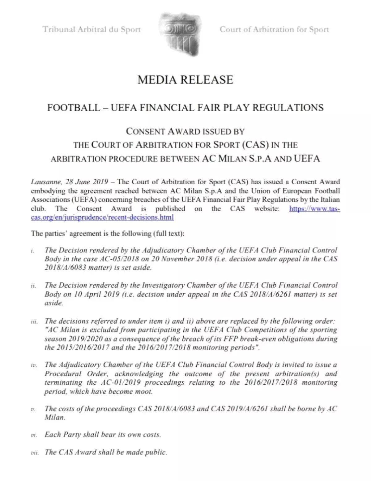 Milan, Avrupa'dan men edildi