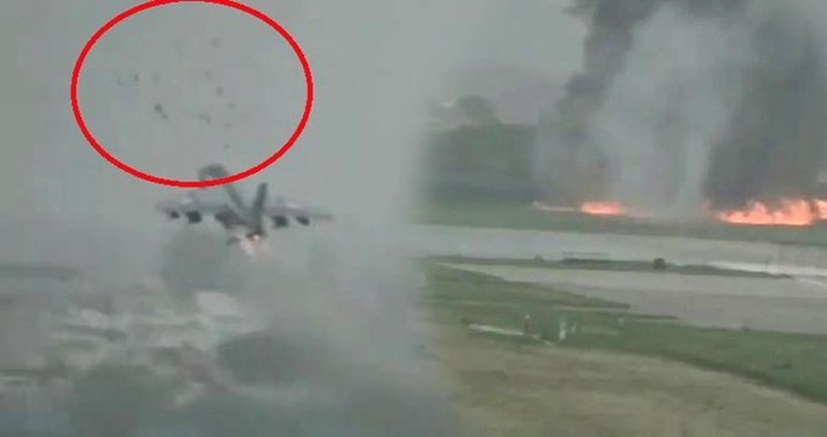 Kuş sürüsüne çarpınca motoru duran savaş uçağı, bombaları piste attı