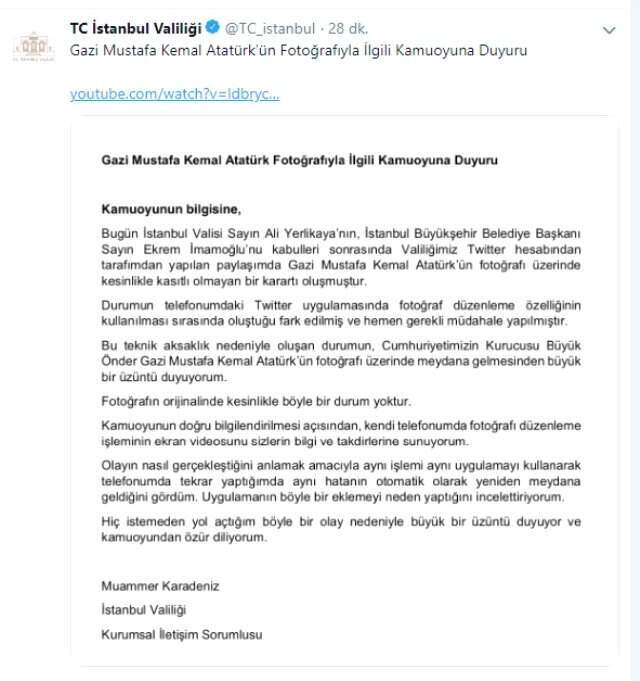İstanbul Valiliği'nden 'Atatürk' fotoğrafına ilişkin videolu açıklama
