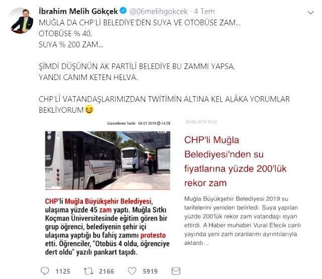 Melih Gökçek, CHP'li Muğla Büyükşehir Belediyesine göndermede bulundu