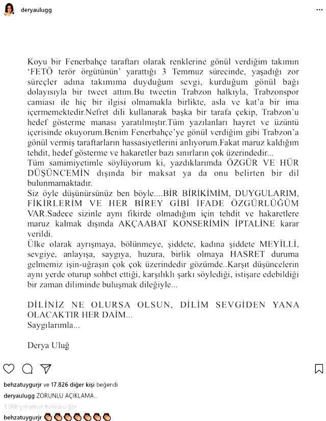Şarkıcı Derya Uluğ'un 3 Temmuz paylaşımından dolayı Akçaabat konseri iptal edildi