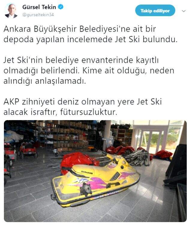 CHP'li Gürsel Tekin fotoğraf paylaştı: Ankara Büyükşehir Belediyesi'ne ait depoda jet ski bulundu