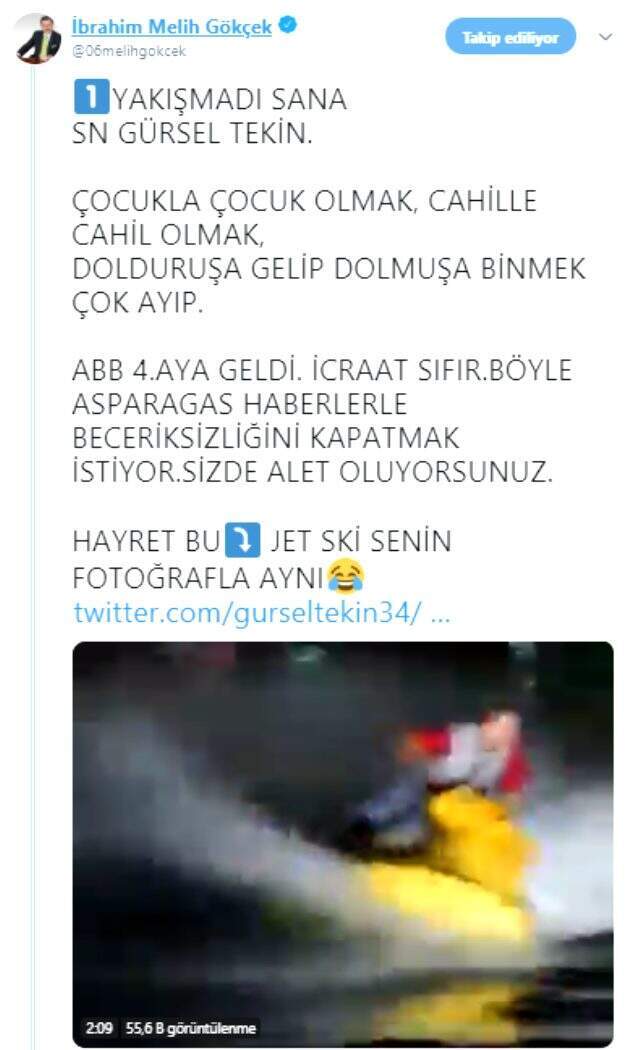 Melih Gökçek'ten CHP'li Gürsel Tekin'in jet ski iddiasına yanıt: Cahille cahil olmak çok ayıp