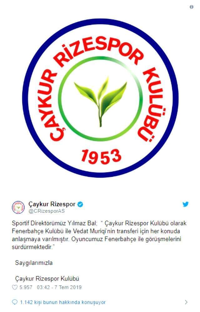 Çaykur Rizespor resmen duyurdu: Vedat Muriç'in transferi için Fenerbahçe ile anlaştık