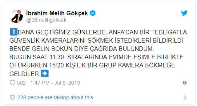 Melih Gökçek'ten çok konuşulacak paylaşım: Kameraları sökmeye gelenler arasında boksörler, güreşçiler var