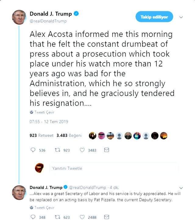 Trump'ın cinsel istismar zanlısını kurtaran bakanı istifa etti
