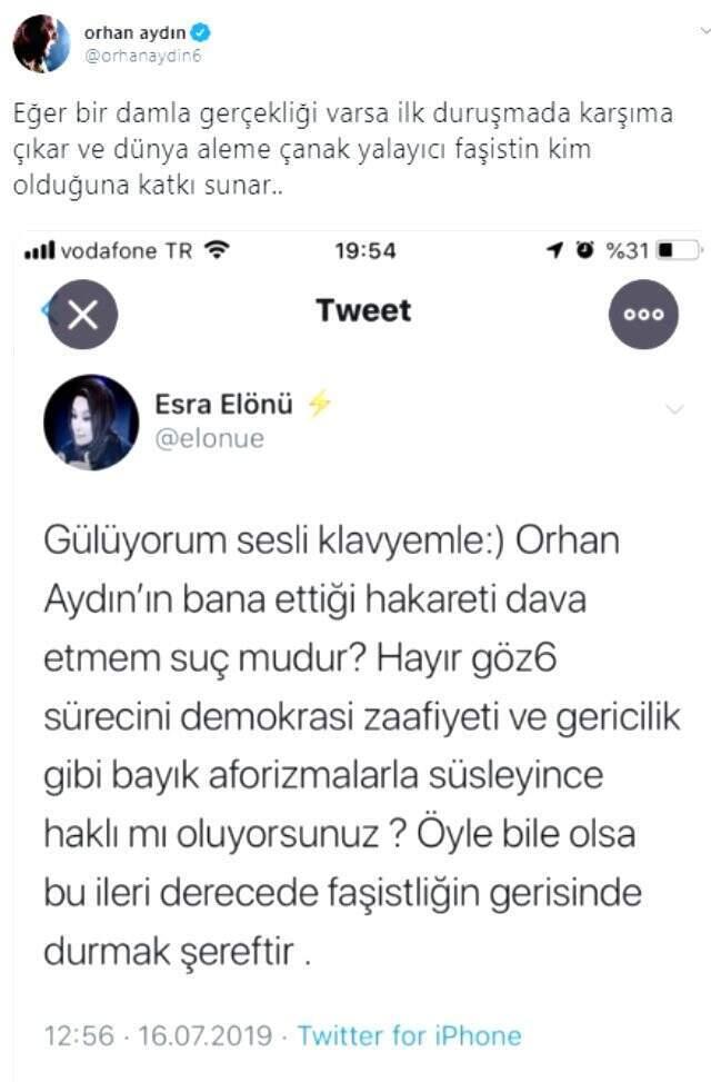 Hakaretten gözaltına alınan oyuncu Orhan Aydın, Esra Elönü'ye ateş püskürdü