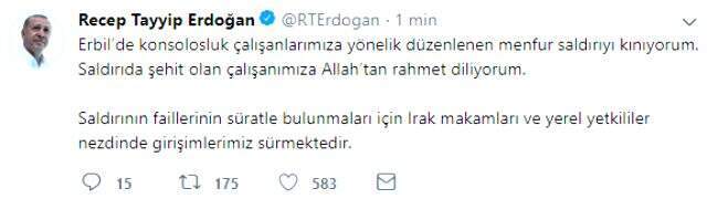 Son Dakika! Erbil'deki saldırıya Cumhurbaşkanı Erdoğan'dan ilk tepki