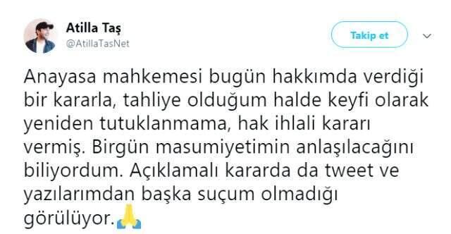 Anayasa Mahkemesi, Atilla Taş ile alakalı kararını verdi