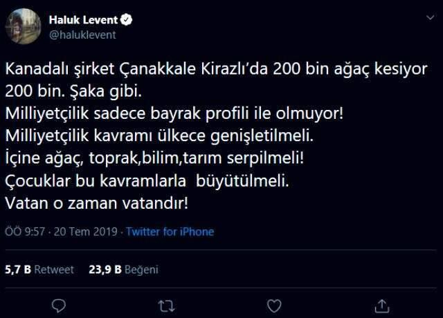 Haluk Levent, Çanakkale'deki ağaç katliamına reaksiyon gösterdi