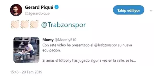 Pique, Trabzonspor'un paylaşımını beğendi