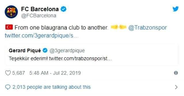 Pique, Trabzonspor'a Türkçe mesaj attı!