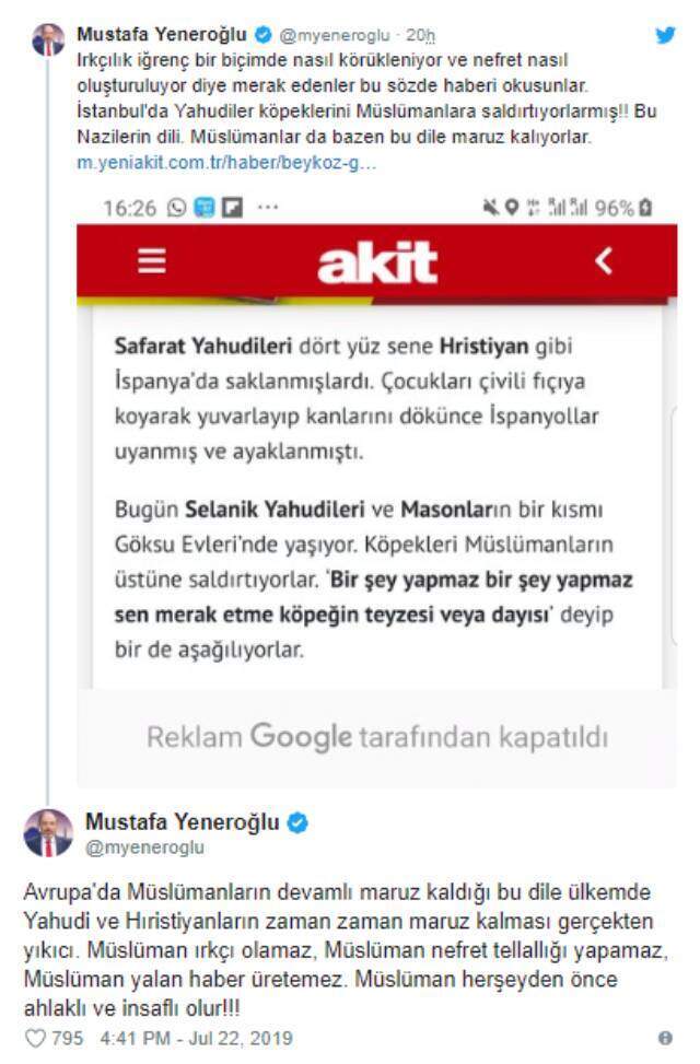 AK Parti Milletvekili Yeneroğlu, Akit gazetesindeki köşe yazısına tepki gösterdi