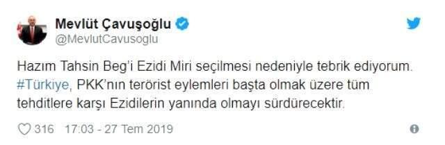 Çavuşoğlu'ndan Ezidilerin yeni ruhani lideri Beg'e tebrik mesajı