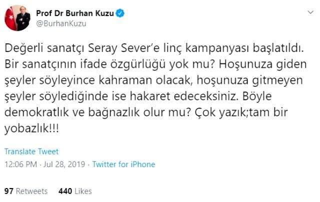 Burhan Kuzu, Fasulye pahalıysa yemeyin diyen Seray Sever'e sahip çıktı