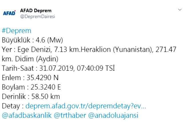 Son dakika! Ege Denizi'nde 4,6 büyüklüğünde deprem