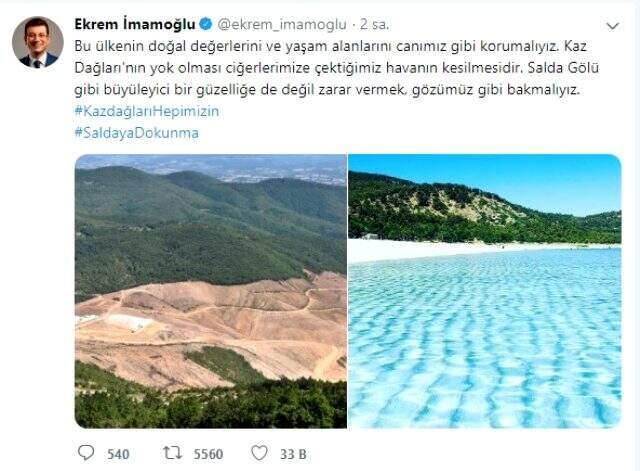 Ekrem İmamoğlu'ndan Kaz Dağları ve Salda Gölü paylaşımı