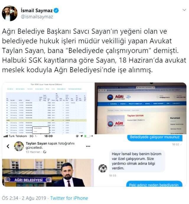 Ağrı Belediye Başkanı Sayan'a yapılan 'torpil' suçlamasında SGK kayıtları ortaya çıktı
