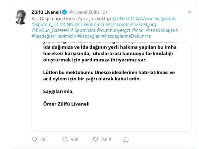 Zülfü Livaneli'den Kazdağları amaciyla Unesco'ya açık mektup