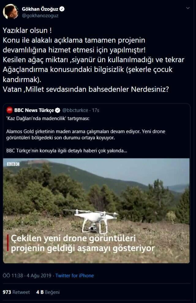 Gökhan Özoğuz Kaz Dağları'ndaki projenin ayni ritimde devam etmesine ateş püskürdü: Yazıklar olsun!